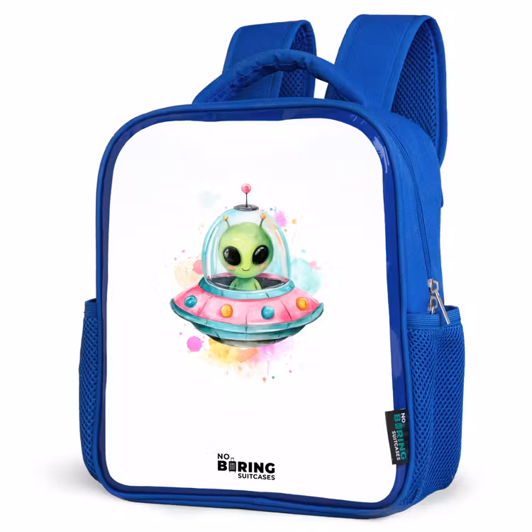 Groene alien in kleurrijke UFO Kinderrugzak - Blauw middel -schuin