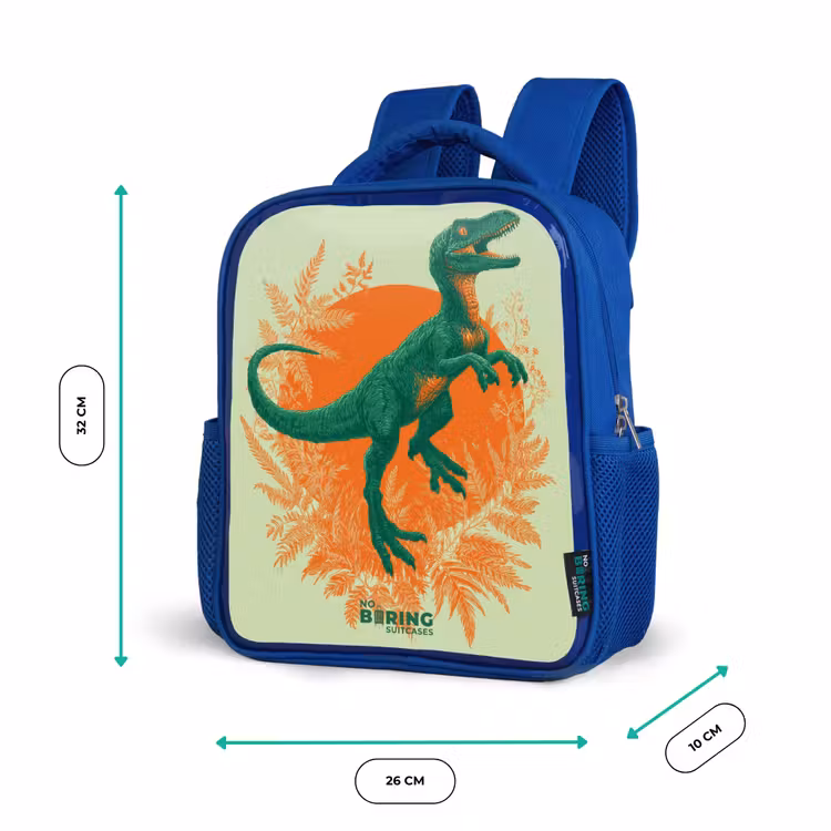 Groene dino tussen varens Kinderrugzak - Blauw middel -productfoto_formaten