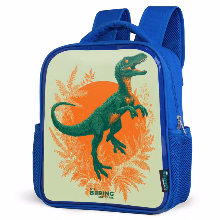 Groene dino tussen varens Kinderrugzak - Blauw middel -schuin
