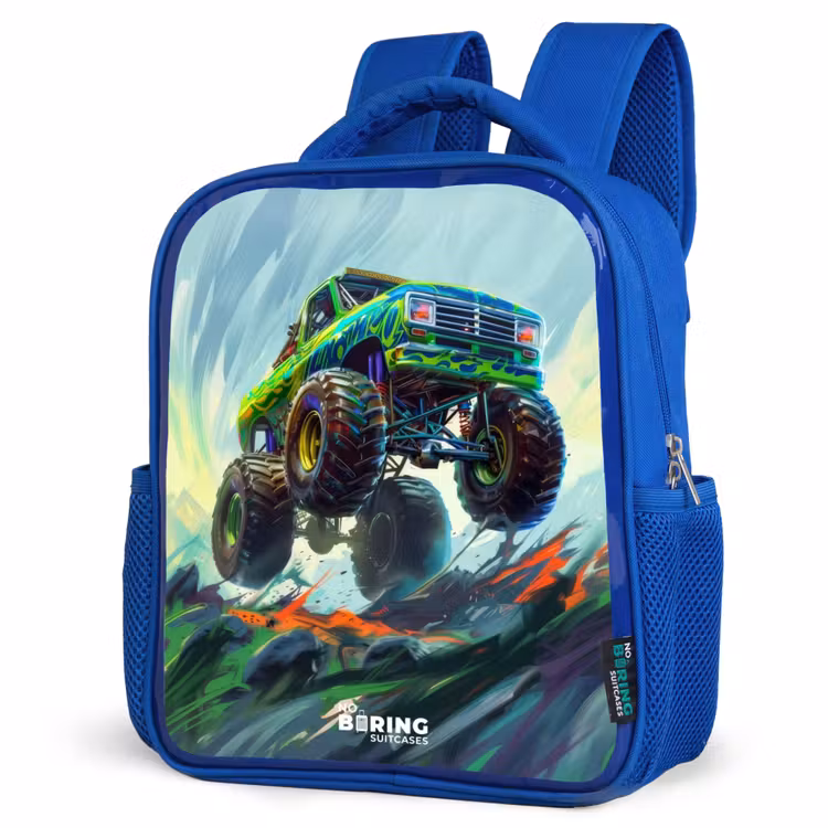 Groene Monstertruck met Penseelstreken Kinderrugzak - Blauw middel -schuin