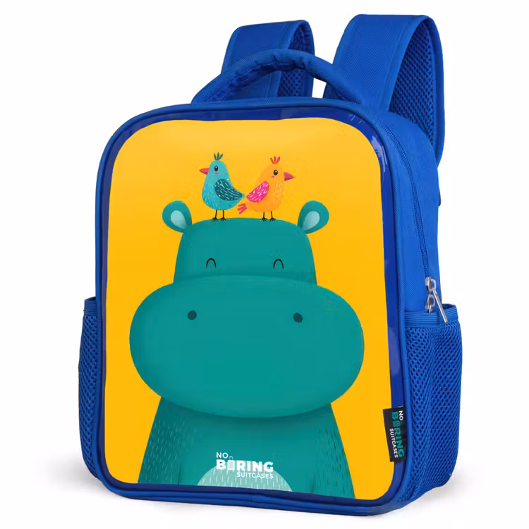 Nijlpaard - Vogels - Geel Kinderrugzak - Blauw middel -schuin
