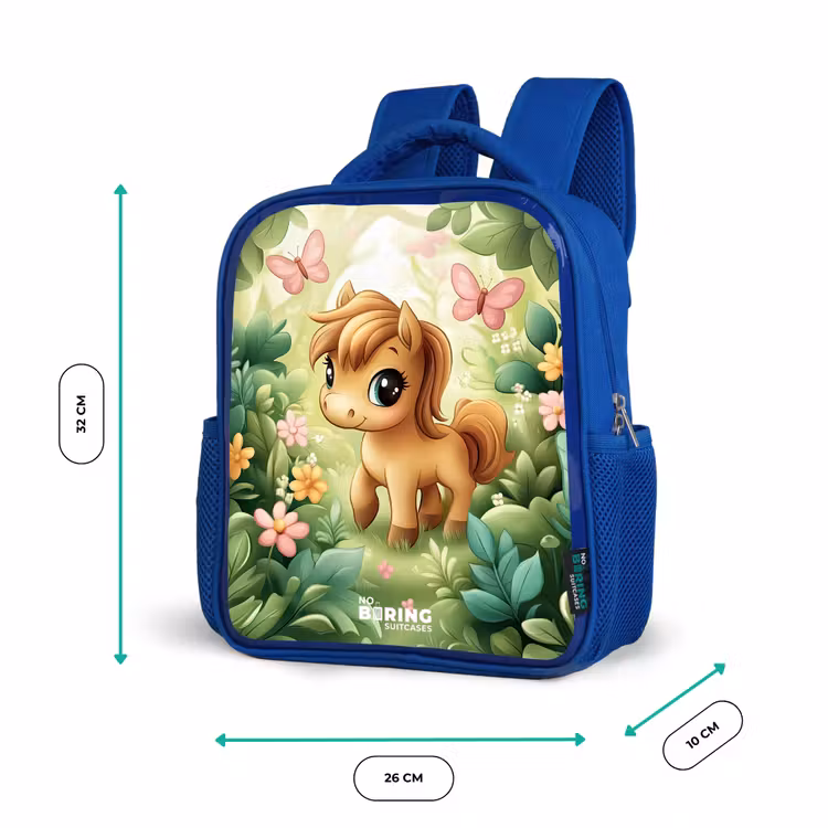 Paard - Bloemen - Vlinders Kinderrugzak - Blauw middel -productfoto_formaten