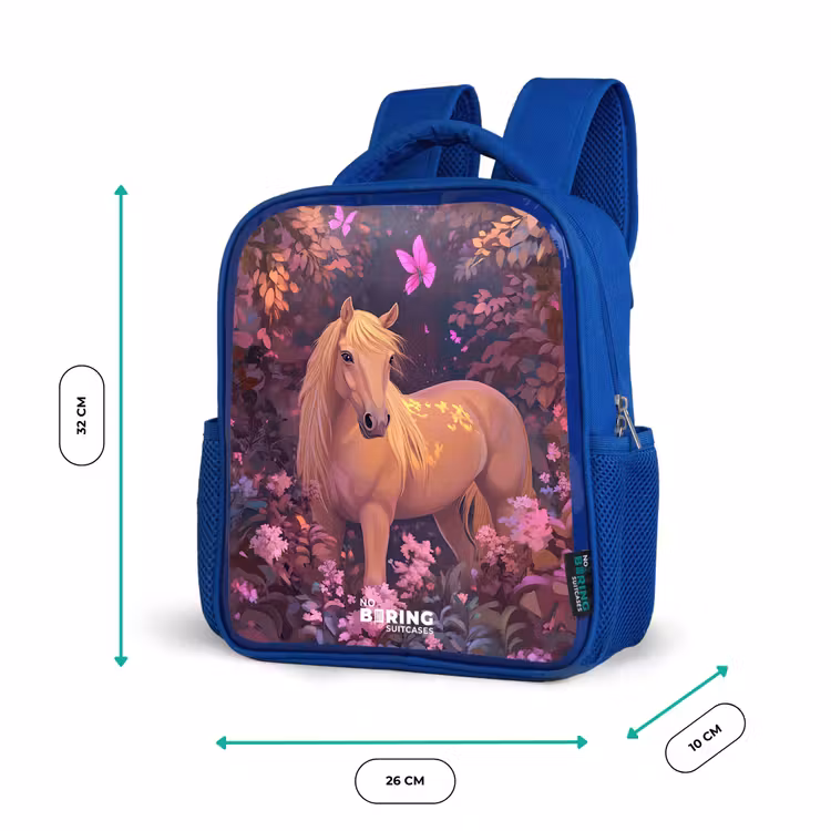 Paard - Bloemen - Paars - Vlinder Kinderrugzak - Blauw middel -productfoto_formaten
