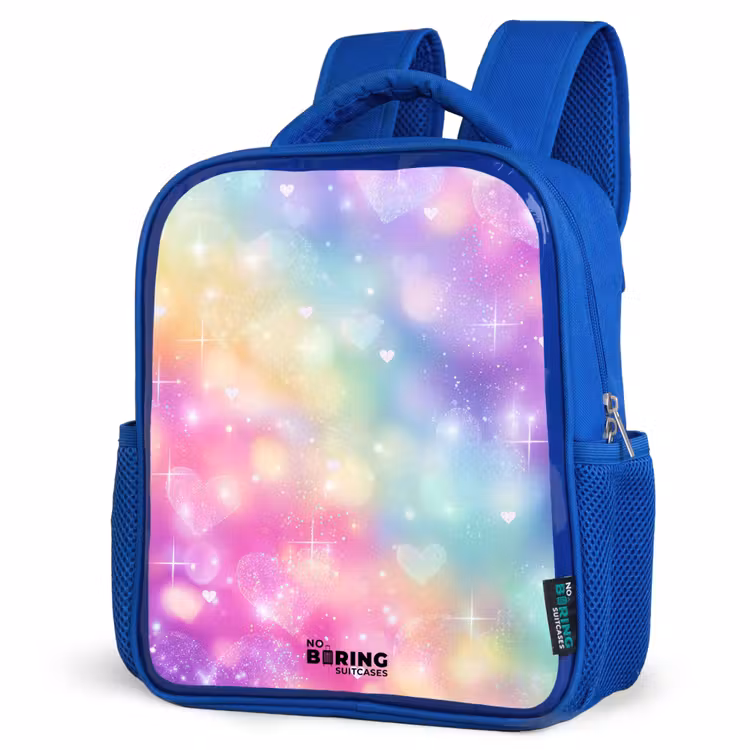 Licht - Regenboog - Hartjes Kinderrugzak - Blauw middel -schuin