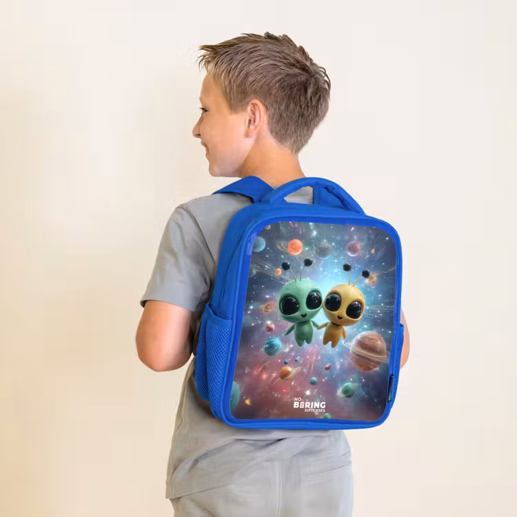 Vrolijke buitenaardse vrienden Kinderrugzak - Blauw middel -sfeer2