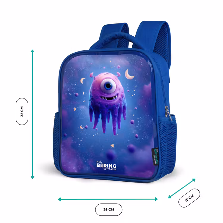Vrolijk paarsoog in de ruimte Kinderrugzak - Blauw middel -productfoto_formaten