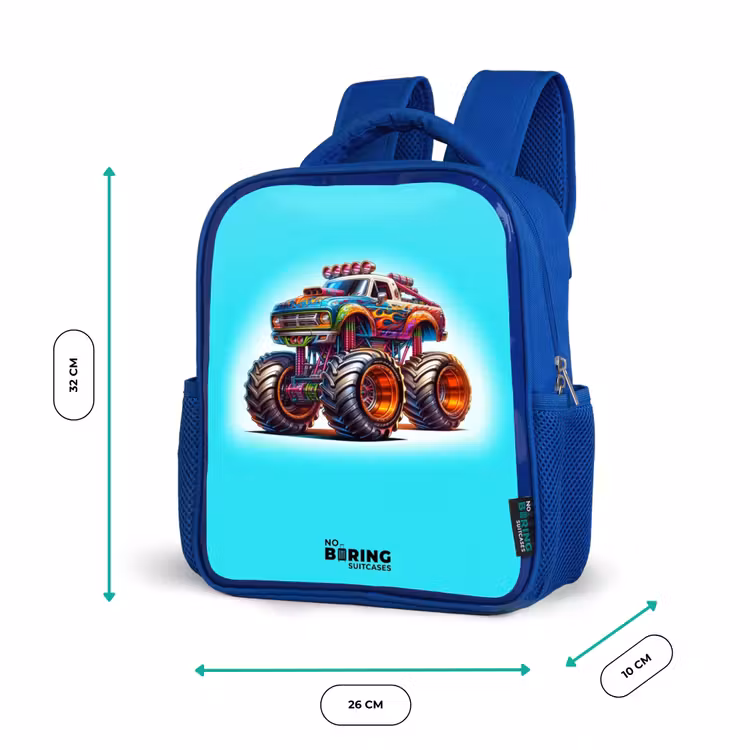 Monstertruck op Lichtblauwe Achtergrond Kinderrugzak - Blauw middel -productfoto_formaten