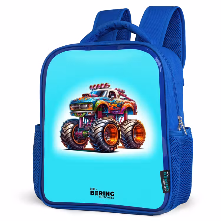 Monstertruck op Lichtblauwe Achtergrond Kinderrugzak - Blauw middel -schuin
