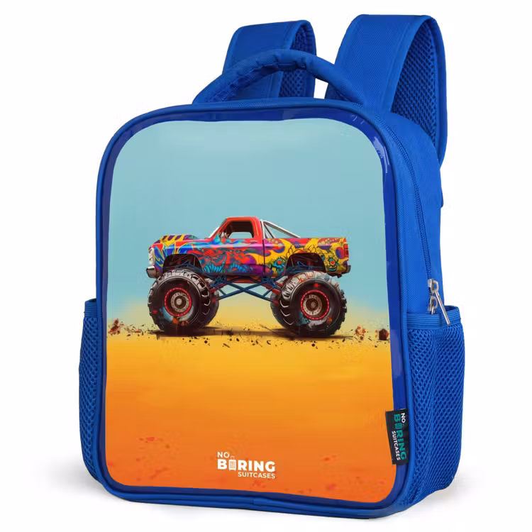 Monstertruck met Graffiti Print in het Zand Kinderrugzak - Blauw middel -schuin