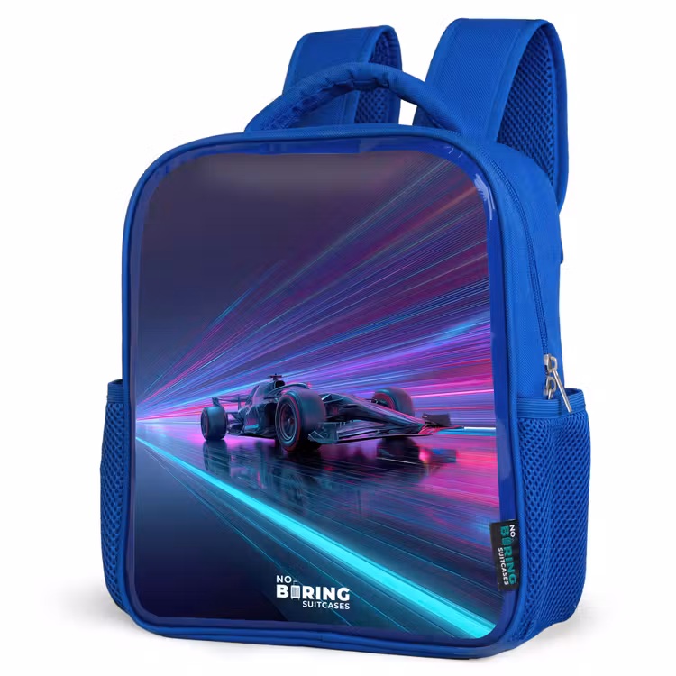 Neon - Raceauto - Lichtstrepen - Paars Kinderrugzak - Blauw middel -schuin