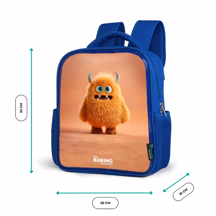Oranje Pluizig Monster met Hoorns Kinderrugzak - Blauw middel -productfoto_formaten