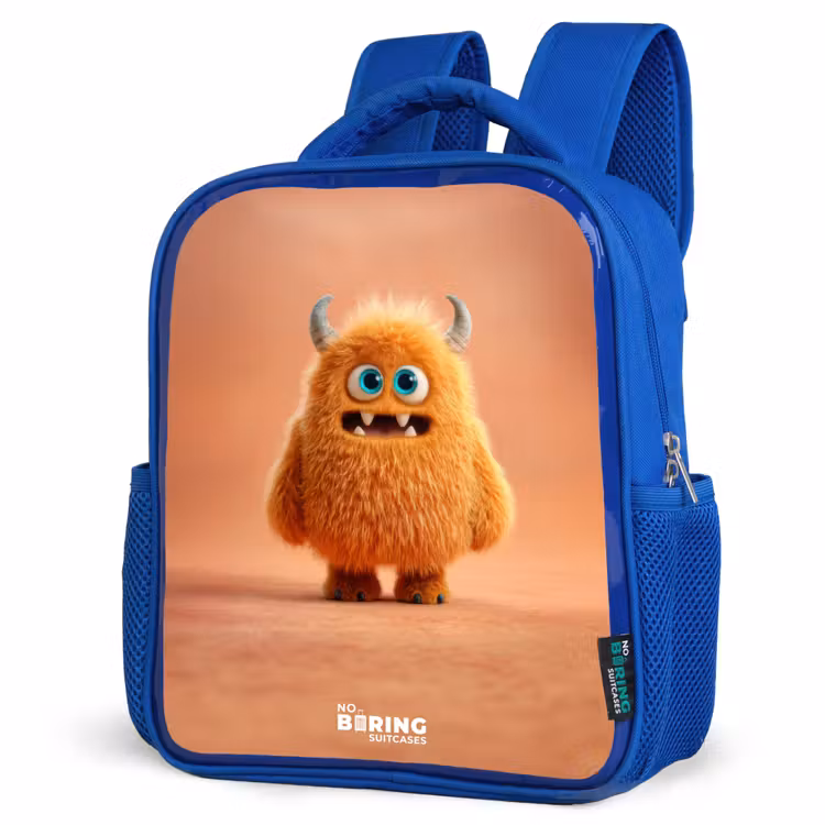 Oranje Pluizig Monster met Hoorns Kinderrugzak - Blauw middel -schuin