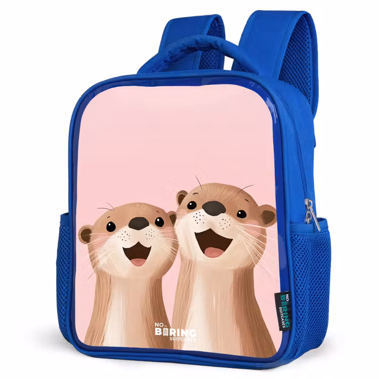 Otters - Lachen - Roze - Illustratie Kinderrugzak - Blauw middel -schuin