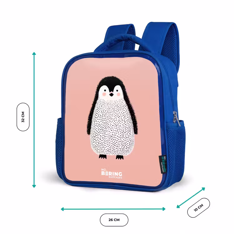 Pinguïn - Stippen - Roze - Minimalistisch Kinderrugzak - Blauw middel -productfoto_formaten