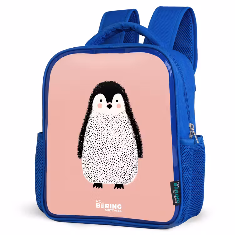Pinguïn - Stippen - Roze - Minimalistisch Kinderrugzak - Blauw middel -schuin