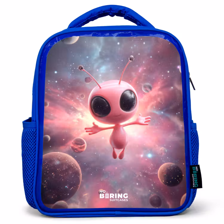 Roze Alien in Sterrennevel Kinderrugzak - Blauw middel -3d