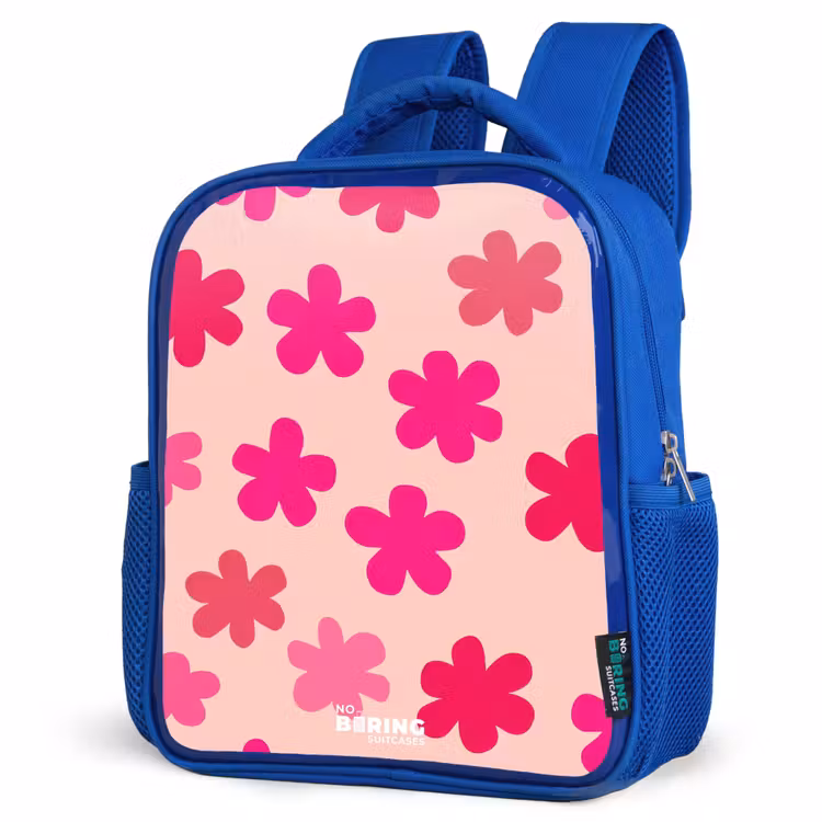 Roze bloemen Kinderrugzak - Blauw middel -schuin