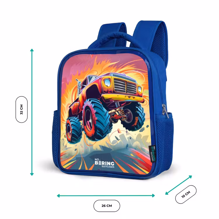 Roze Monstertruck Vliegt over het Asfalt Kinderrugzak - Blauw middel -productfoto_formaten