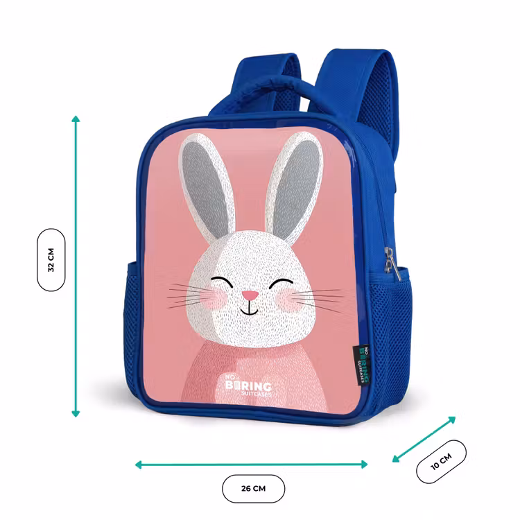 Roze - Konijn - Glimlach - Illustratie Kinderrugzak - Blauw middel -productfoto_formaten
