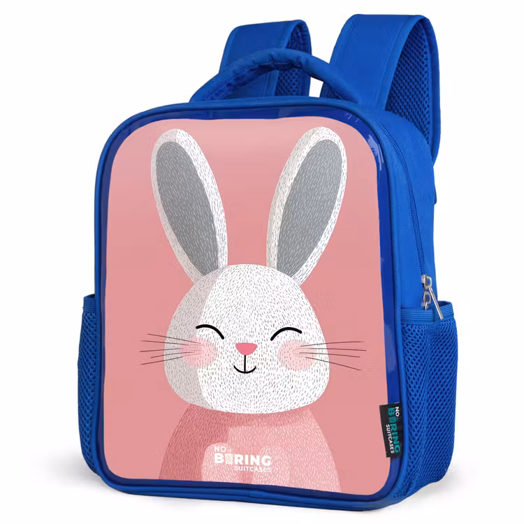 Roze - Konijn - Glimlach - Illustratie Kinderrugzak - Blauw middel -schuin