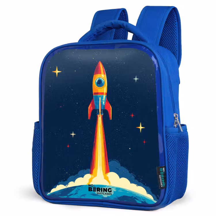 Planeet - Raket - Sterren - Donkerblauw Kinderrugzak - Blauw middel -schuin