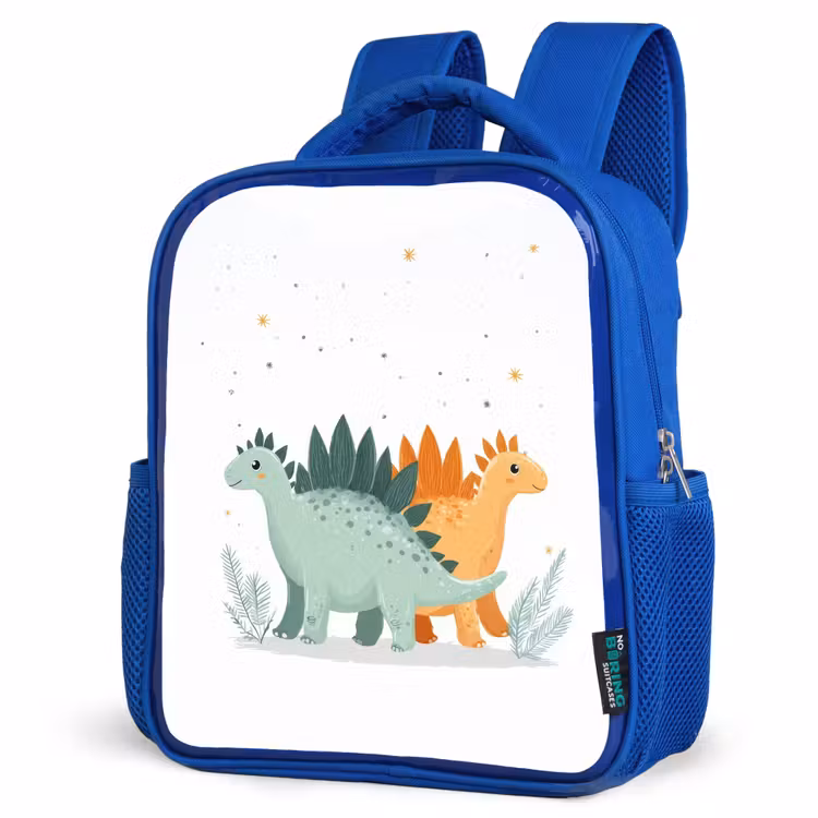 Planten - Sterren - Dinosaurussen - Oranje Kinderrugzak - Blauw middel -schuin