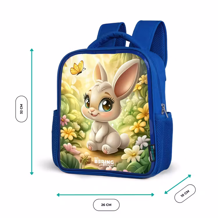 Konijn - Zonlicht - Sprookjesachtig - Vlinder Kinderrugzak - Blauw middel -productfoto_formaten