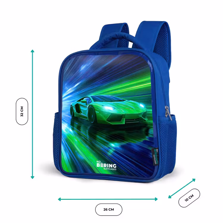 Raceauto - Felgroen - Lichtstralen - Snelheid Kinderrugzak - Blauw middel -productfoto_formaten
