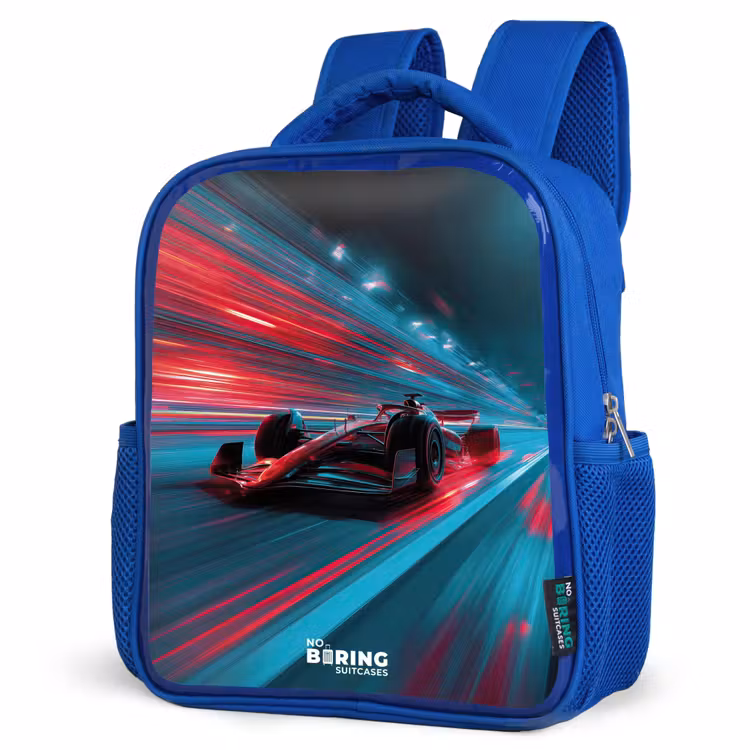 Raceauto - Baan - Neon - Verlichting Kinderrugzak - Blauw middel -schuin