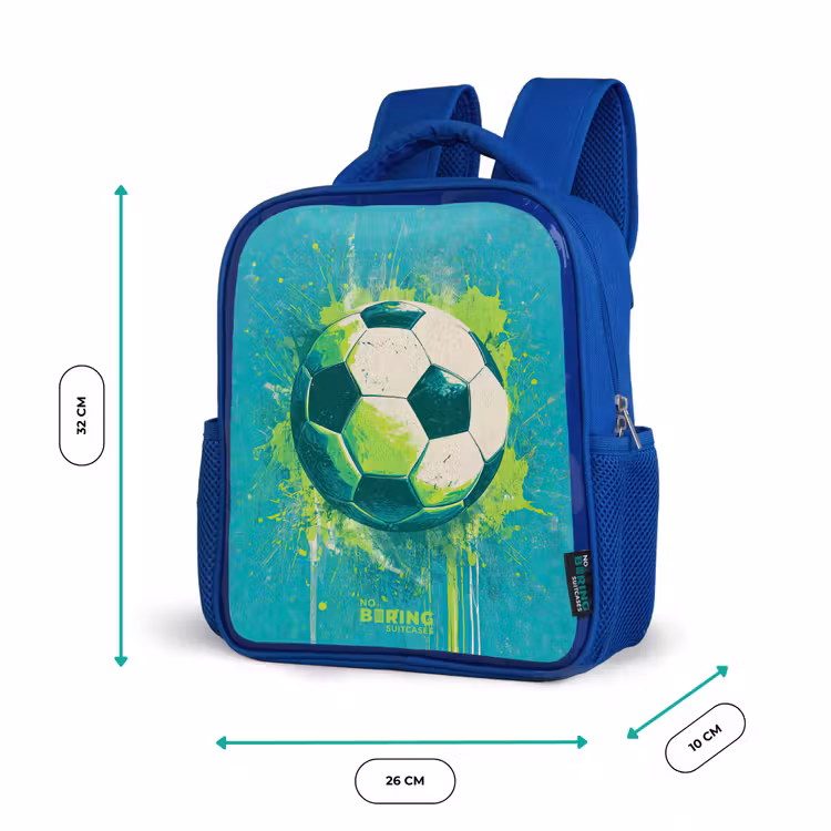 Voetbal - Verfspatten - Groen - Blauw Kinderrugzak - Blauw middel -productfoto_formaten