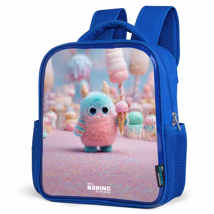 Zoet Monstersnoep Avontuur Kinderrugzak - Blauw middel -schuin