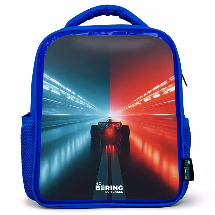 Baan - Raceauto - Neon - Rood Kinderrugzak - Blauw middel -3d