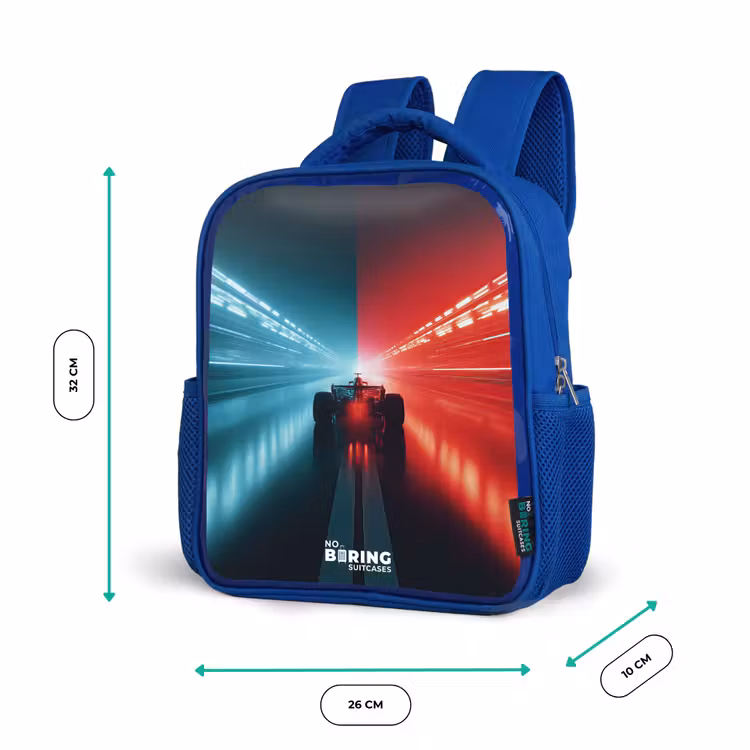 Baan - Raceauto - Neon - Rood Kinderrugzak - Blauw middel -productfoto_formaten