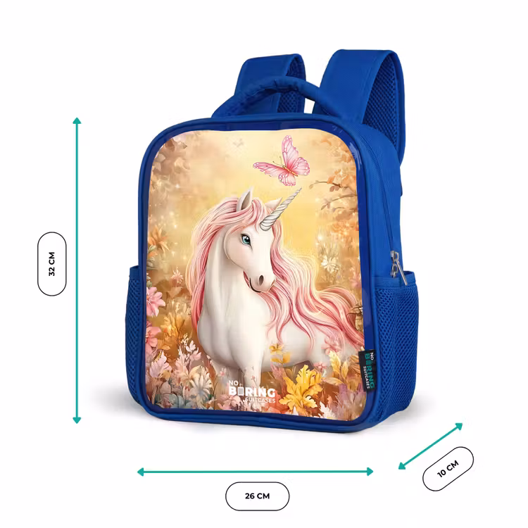 Eenhoorn - Vlinder - Roze - Manen Kinderrugzak - Blauw middel -productfoto_formaten