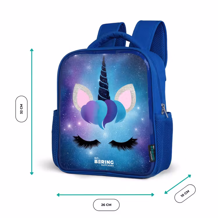 Eenhoorn op een sterrenhemel achtergrond Kinderrugzak - Blauw middel -productfoto_formaten