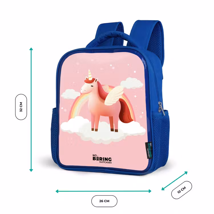 Eenhoorn - Vleugels - Roze - Regenboog Kinderrugzak - Blauw middel -productfoto_formaten