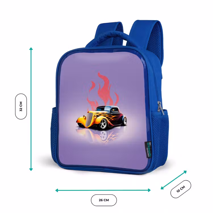 Gele auto met roze vlammen Kinderrugzak - Blauw middel -productfoto_formaten