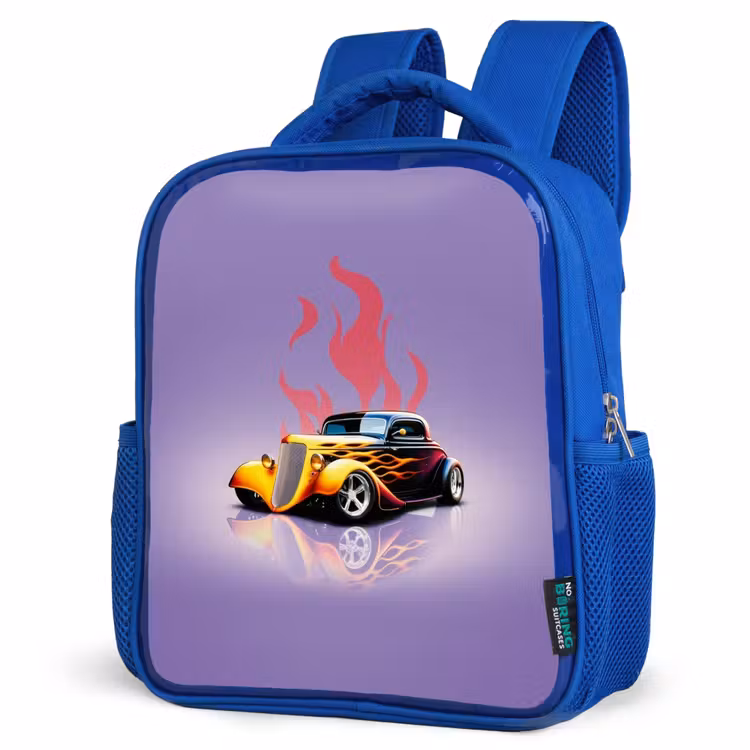 Gele auto met roze vlammen Kinderrugzak - Blauw middel -schuin