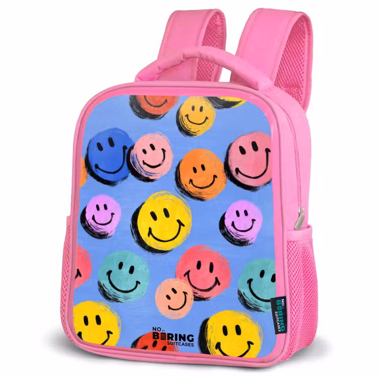 Een speels en kunstzinnig patroon van kleurrijke smileys Kinderrugzak - Roze middel -schuin