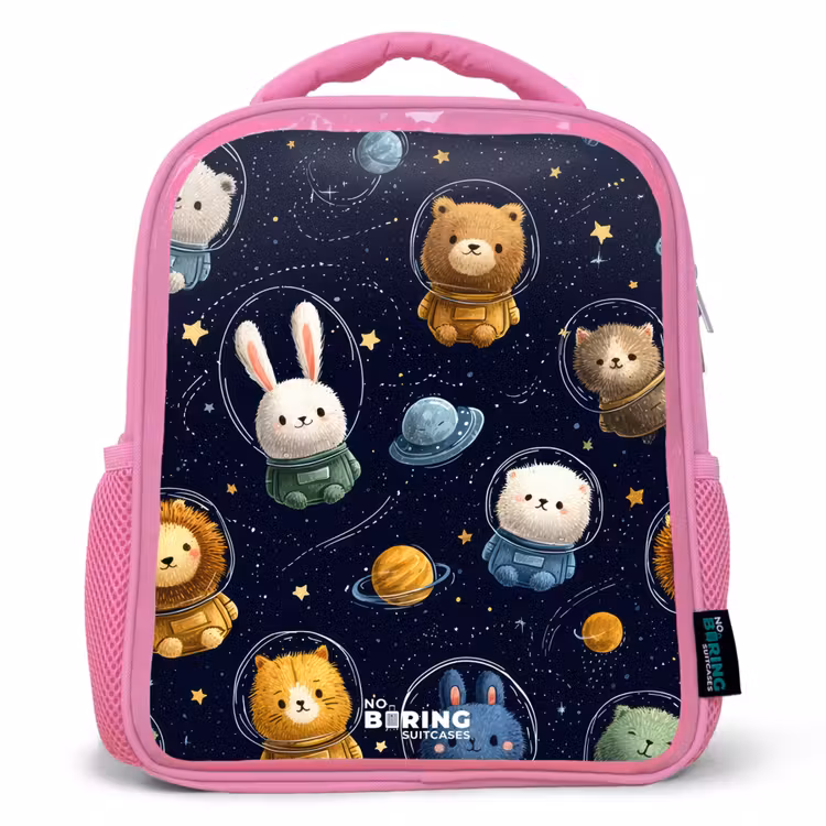 Dieren - Astronaut - Planeten - Sterren Kinderrugzak - Roze middel -3d