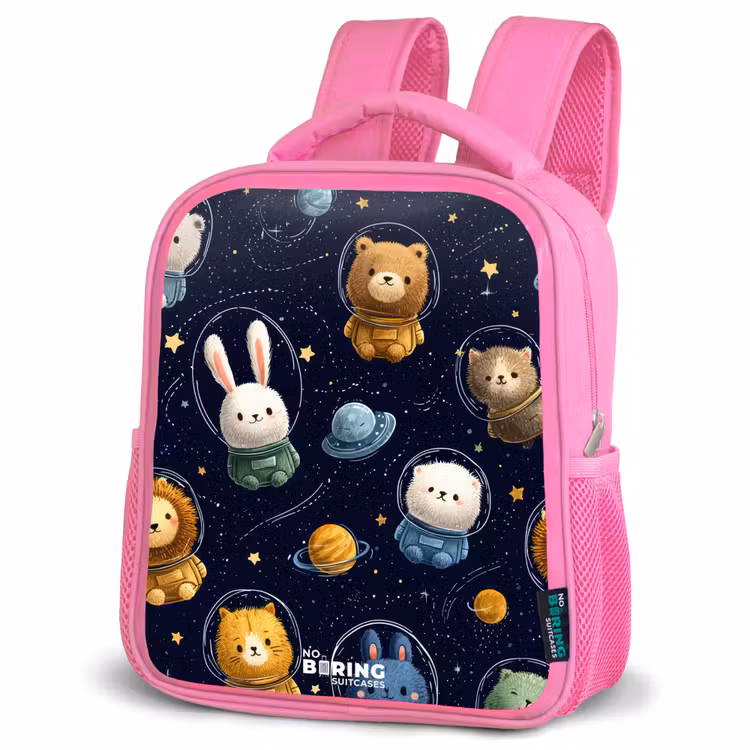 Dieren - Astronaut - Planeten - Sterren Kinderrugzak - Roze middel -schuin