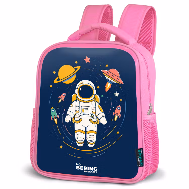 Astronaut - Planeet - Sterren - Raket Kinderrugzak - Roze middel -schuin
