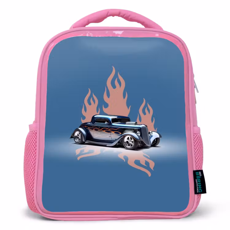 Blauwe auto met roze vlammen Kinderrugzak - Roze middel -3d