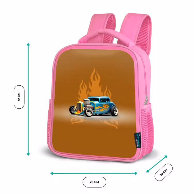 Blauwe auto met gele vlammen Kinderrugzak - Roze middel -productfoto_formaten