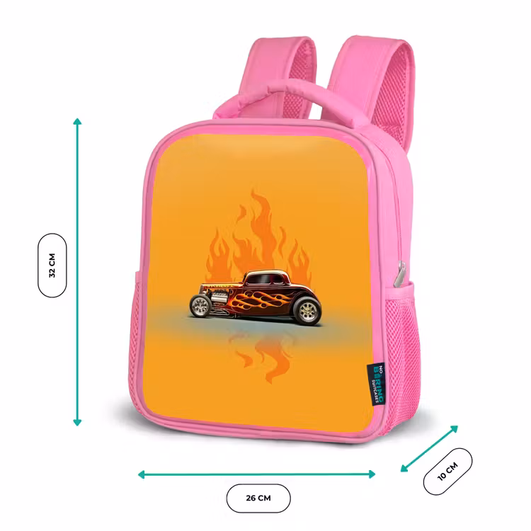 Bruine auto met gele vlammen Kinderrugzak - Roze middel -productfoto_formaten