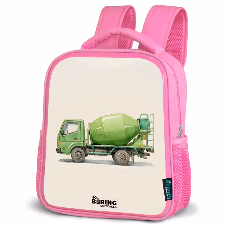 Betonmixer - Getekend - Groen Kinderrugzak - Roze middel -schuin