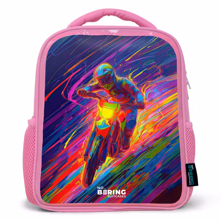 Crossmotor - Neonkleuren - Lijnen - Helm Kinderrugzak - Roze middel -3d