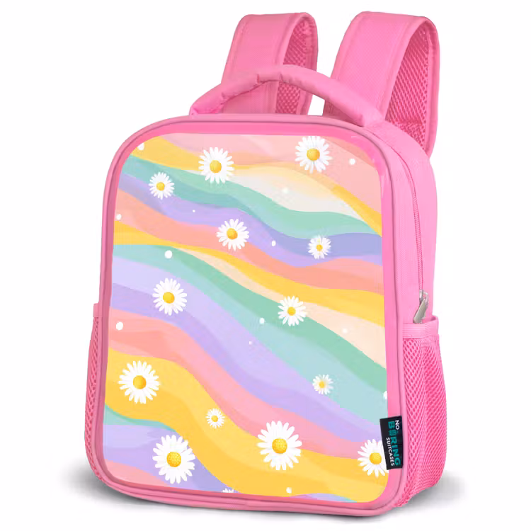 Madeliefjes - Kleurrijk - Pastel - Vrolijk Kinderrugzak - Roze middel -schuin