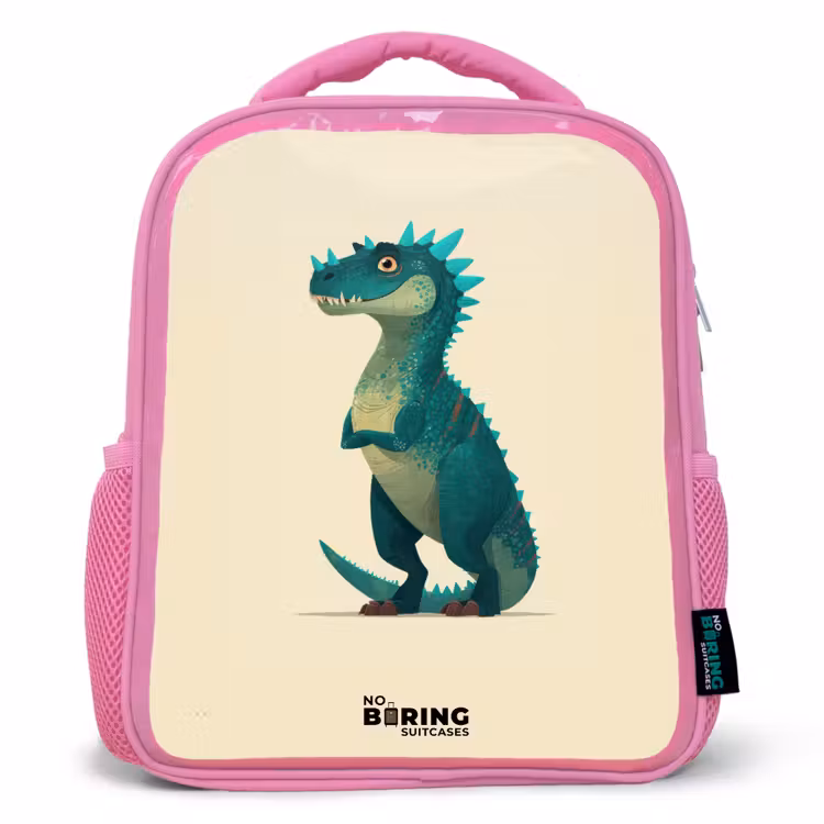 Dino - Dier - Blauw - Groen Kinderrugzak - Roze middel -3d