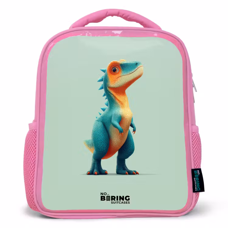 Dino - Dier - Groen - Oranje Kinderrugzak - Roze middel -3d